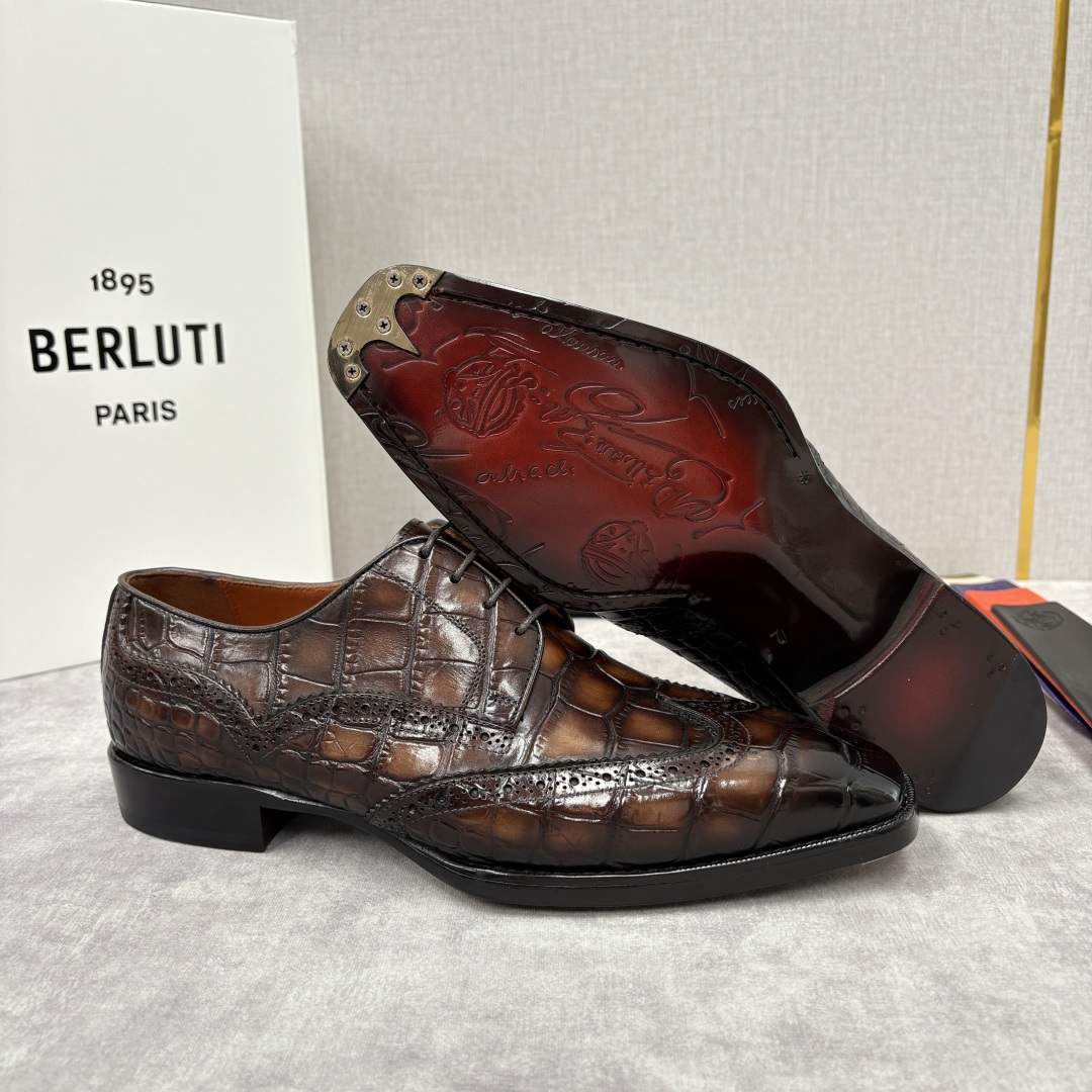 💋💍Berlut* 布鲁提 新款男士手工擦色正装皮鞋上新🆕 鳄鱼纹布洛克鞋的匠心美学 奢华与匠心的完美融