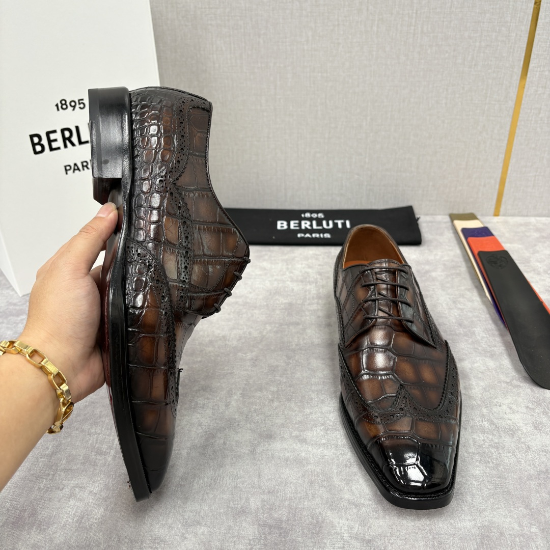 💋💍Berlut* 布鲁提 新款男士手工擦色正装皮鞋上新🆕 鳄鱼纹布洛克鞋的匠心美学 奢华与匠心的完美融