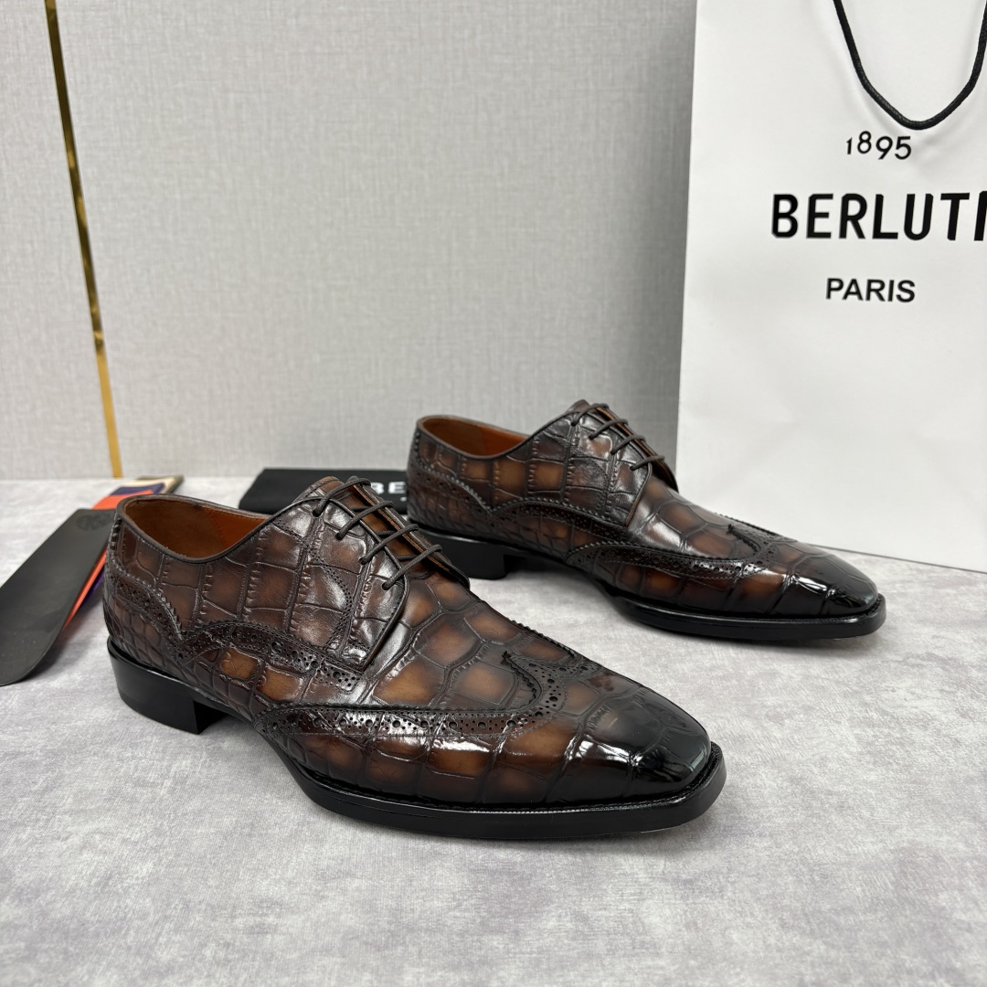 💋💍Berlut* 布鲁提 新款男士手工擦色正装皮鞋上新🆕 鳄鱼纹布洛克鞋的匠心美学 奢华与匠心的完美融