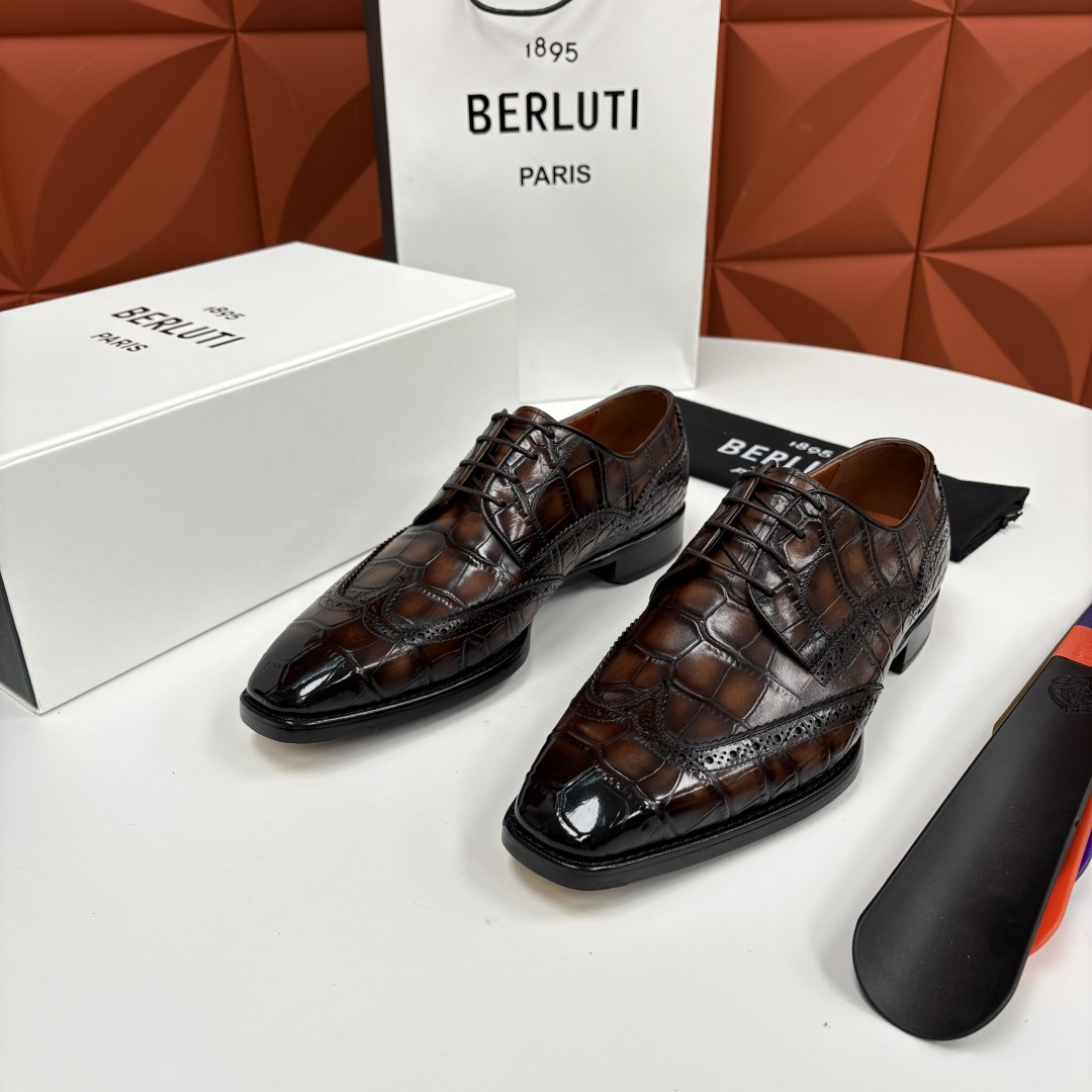 💋💍Berlut* 布鲁提 新款男士手工擦色正装皮鞋上新🆕 鳄鱼纹布洛克鞋的匠心美学 奢华与匠心的完美融
