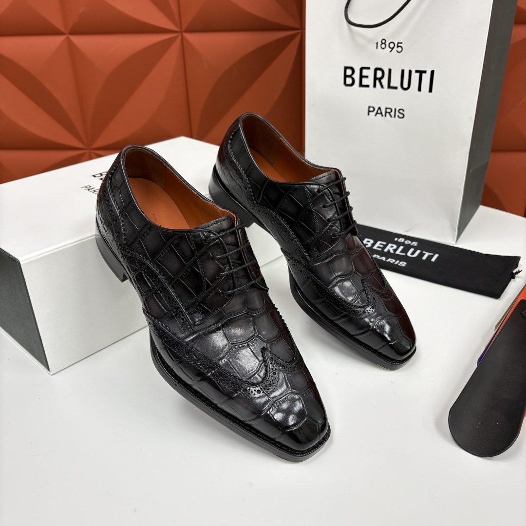 💋💍Berlut* 布鲁提 新款男士手工擦色正装皮鞋上新🆕 鳄鱼纹布洛克鞋的匠心美学 奢华与匠心的完美融
