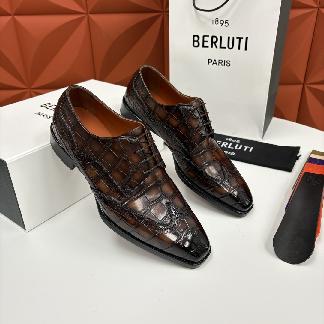 💋💍Berlut* 布鲁提 新款男士手工擦色正装皮鞋上新🆕 鳄鱼纹布洛克鞋的匠心美学 奢华与匠心的完美融