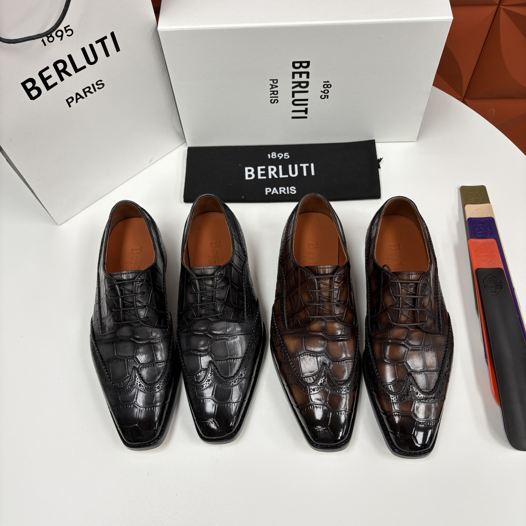 💋💍Berlut* 布鲁提 新款男士手工擦色正装皮鞋上新🆕 鳄鱼纹布洛克鞋的匠心美学 奢华与匠心的完美融