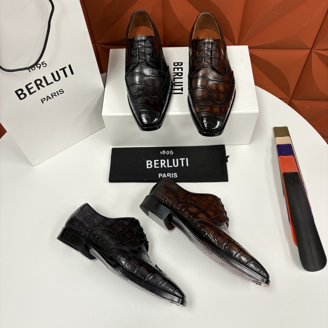 💋💍Berlut* 布鲁提 新款男士手工擦色正装皮鞋上新🆕 鳄鱼纹布洛克鞋的匠心美学 奢华与匠心的完美融