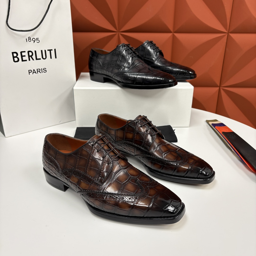 💋💍Berlut* 布鲁提 新款男士手工擦色正装皮鞋上新🆕 鳄鱼纹布洛克鞋的匠心美学 奢华与匠心的完美融