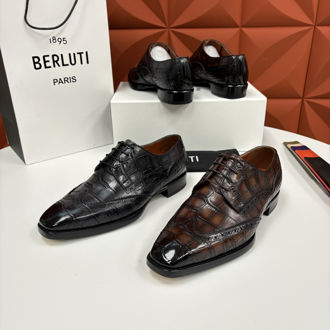 💋💍Berlut* 布鲁提 新款男士手工擦色正装皮鞋上新🆕 鳄鱼纹布洛克鞋的匠心美学 奢华与匠心的完美融