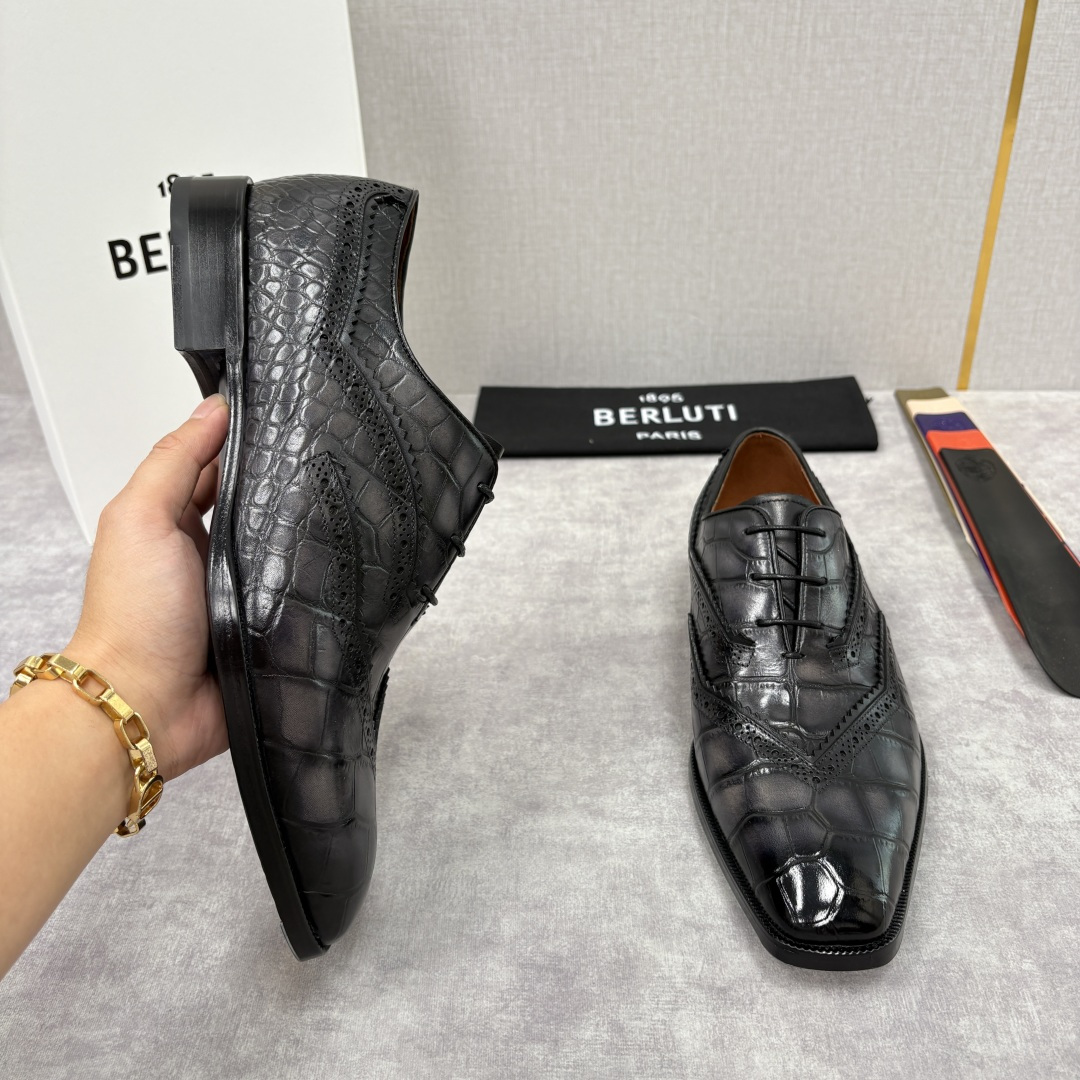 💋💍Berlut* 布鲁提 新款男士手工擦色正装皮鞋上新🆕 鳄鱼纹布洛克鞋的匠心美学 奢华与匠心的完美融