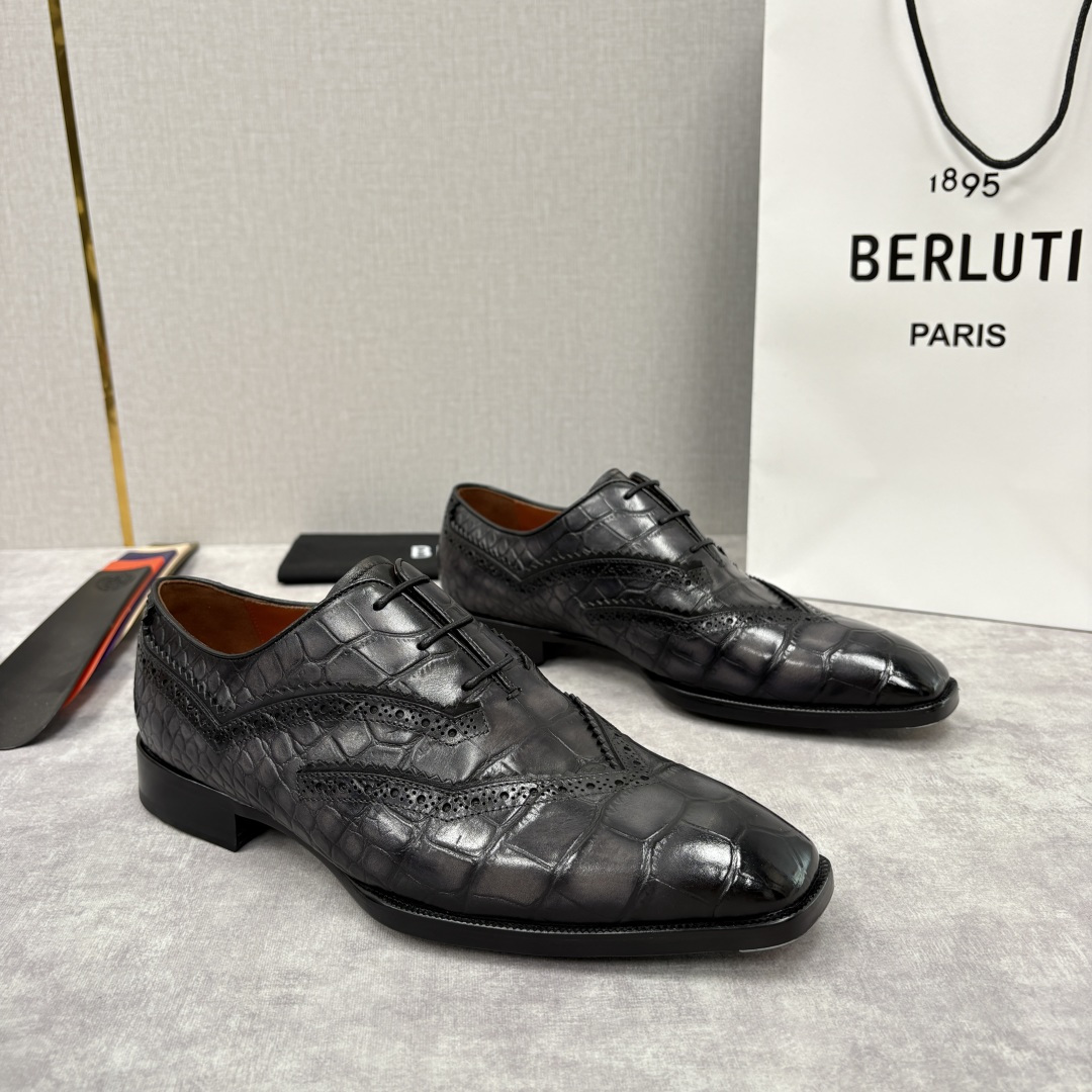 💋💍Berlut* 布鲁提 新款男士手工擦色正装皮鞋上新🆕 鳄鱼纹布洛克鞋的匠心美学 奢华与匠心的完美融