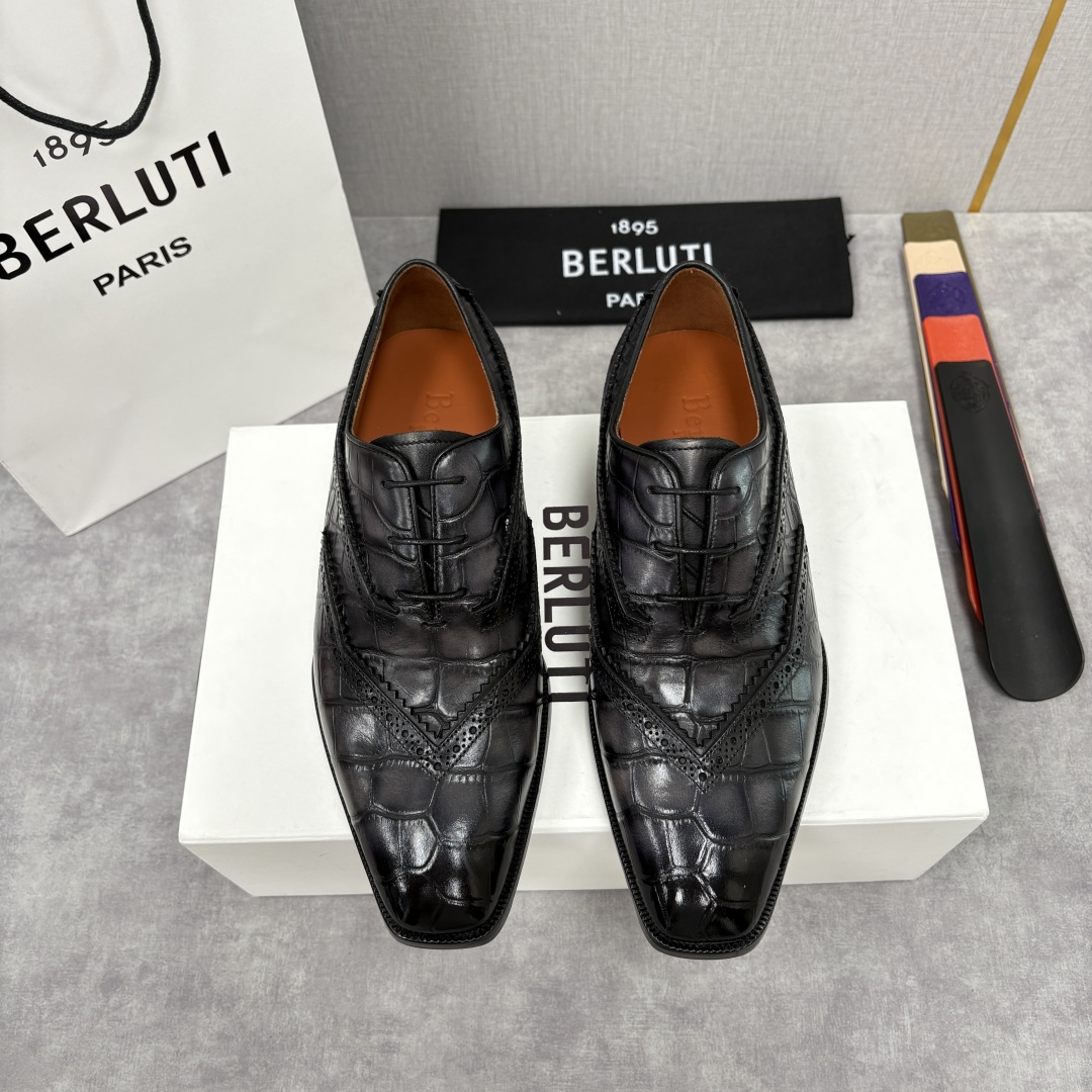 💋💍Berlut* 布鲁提 新款男士手工擦色正装皮鞋上新🆕 鳄鱼纹布洛克鞋的匠心美学 奢华与匠心的完美融
