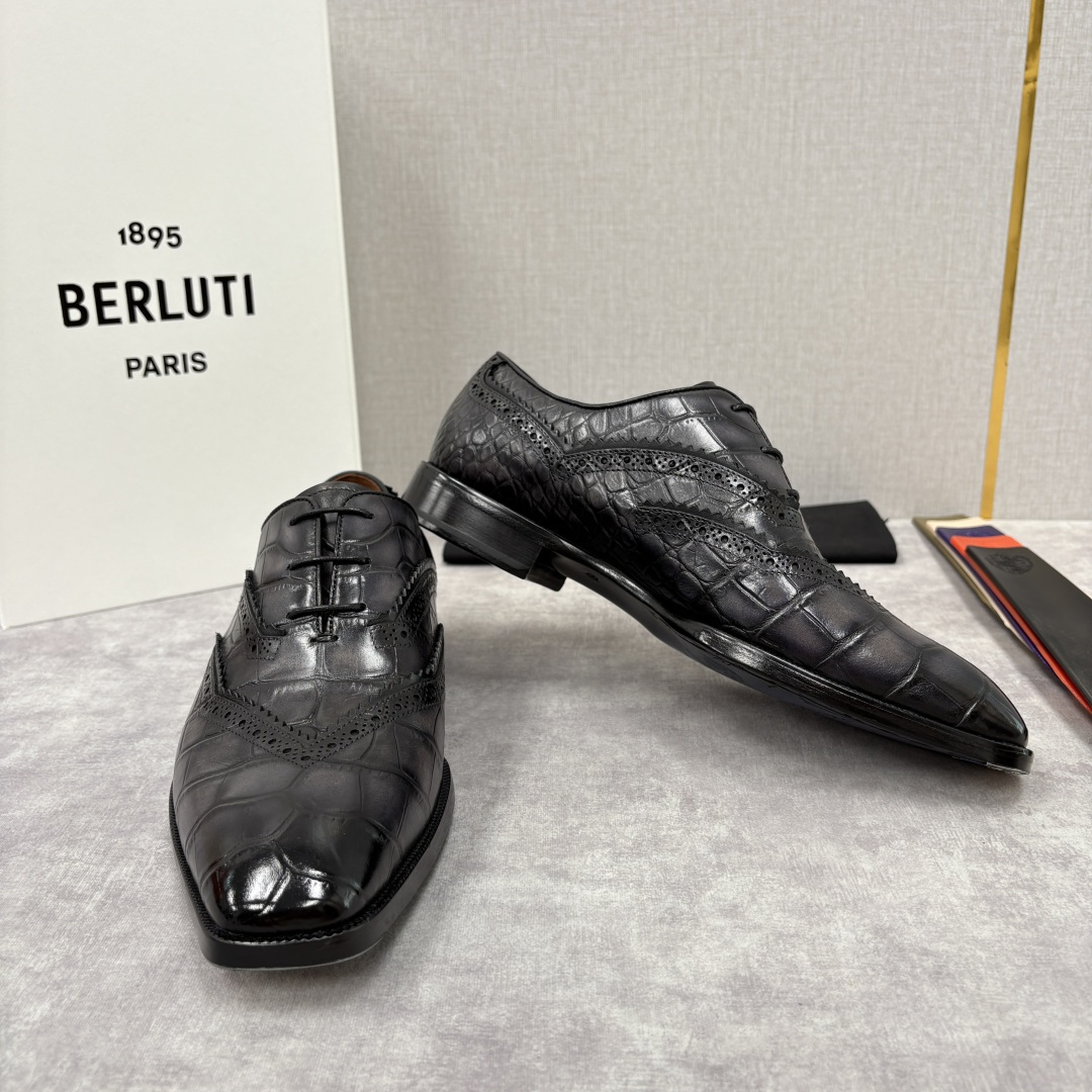 💋💍Berlut* 布鲁提 新款男士手工擦色正装皮鞋上新🆕 鳄鱼纹布洛克鞋的匠心美学 奢华与匠心的完美融
