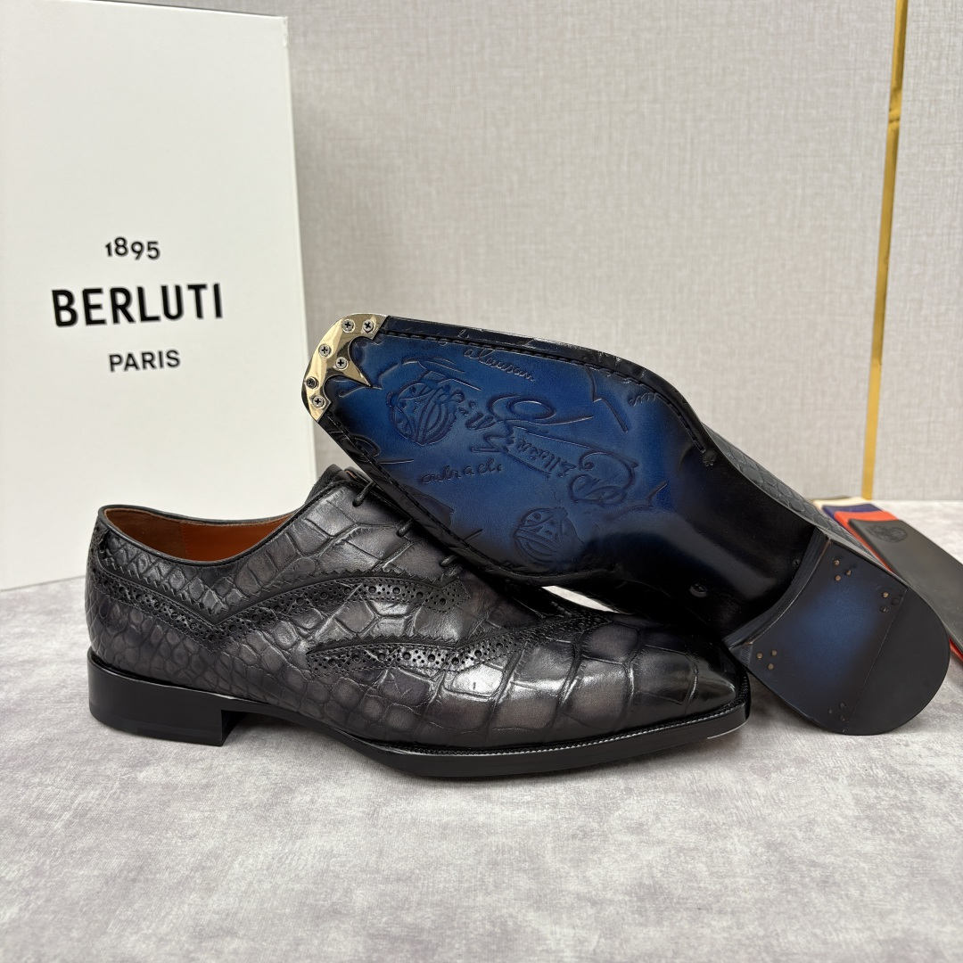 💋💍Berlut* 布鲁提 新款男士手工擦色正装皮鞋上新🆕 鳄鱼纹布洛克鞋的匠心美学 奢华与匠心的完美融