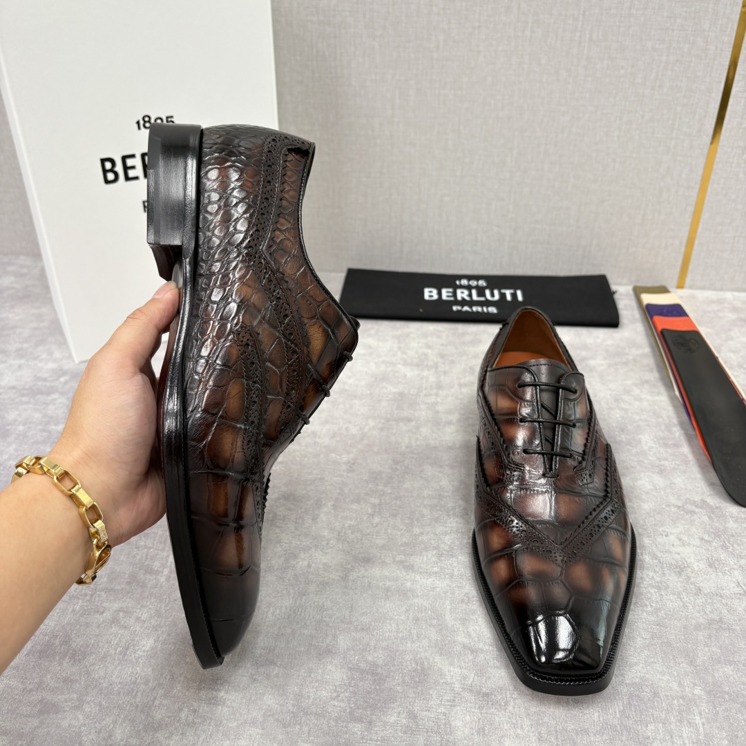 💋💍Berlut* 布鲁提 新款男士手工擦色正装皮鞋上新🆕 鳄鱼纹布洛克鞋的匠心美学 奢华与匠心的完美融
