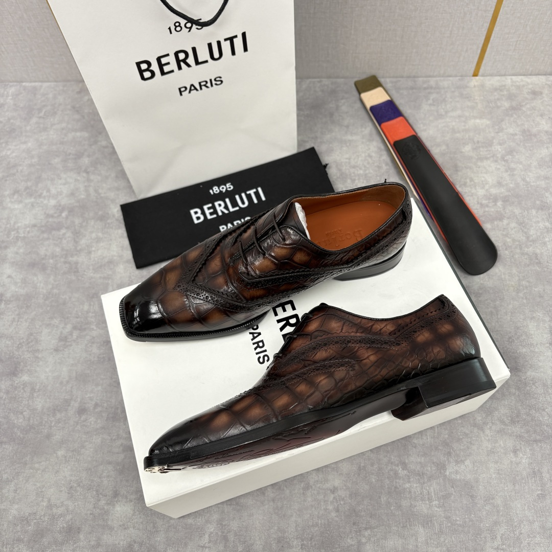 💋💍Berlut* 布鲁提 新款男士手工擦色正装皮鞋上新🆕 鳄鱼纹布洛克鞋的匠心美学 奢华与匠心的完美融
