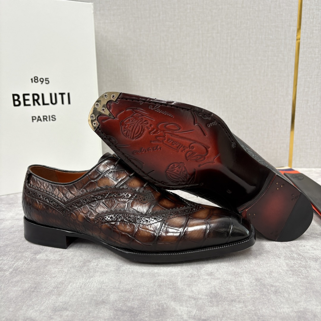 💋💍Berlut* 布鲁提 新款男士手工擦色正装皮鞋上新🆕 鳄鱼纹布洛克鞋的匠心美学 奢华与匠心的完美融