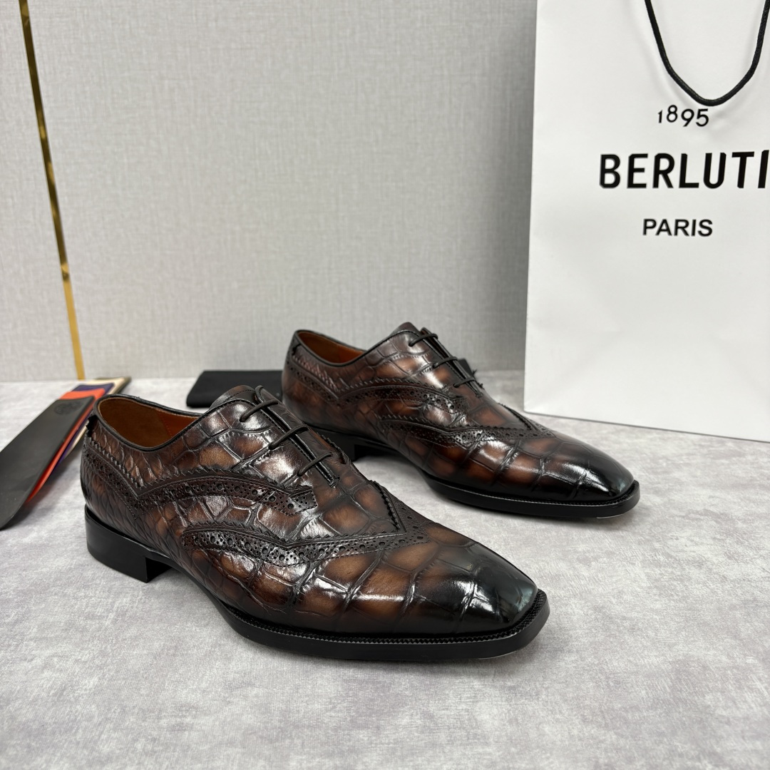 💋💍Berlut* 布鲁提 新款男士手工擦色正装皮鞋上新🆕 鳄鱼纹布洛克鞋的匠心美学 奢华与匠心的完美融