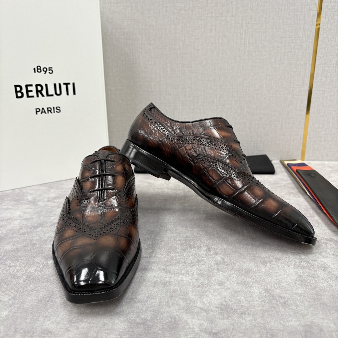 💋💍Berlut* 布鲁提 新款男士手工擦色正装皮鞋上新🆕 鳄鱼纹布洛克鞋的匠心美学 奢华与匠心的完美融