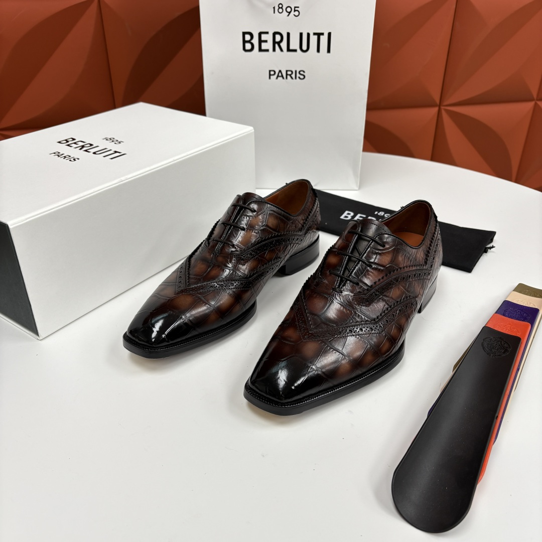 💋💍Berlut* 布鲁提 新款男士手工擦色正装皮鞋上新🆕 鳄鱼纹布洛克鞋的匠心美学 奢华与匠心的完美融