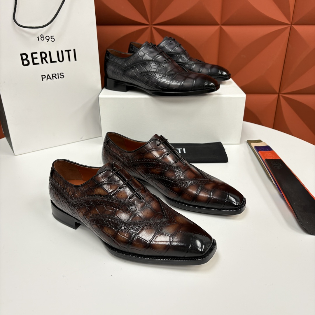 💋💍Berlut* 布鲁提 新款男士手工擦色正装皮鞋上新🆕 鳄鱼纹布洛克鞋的匠心美学 奢华与匠心的完美融