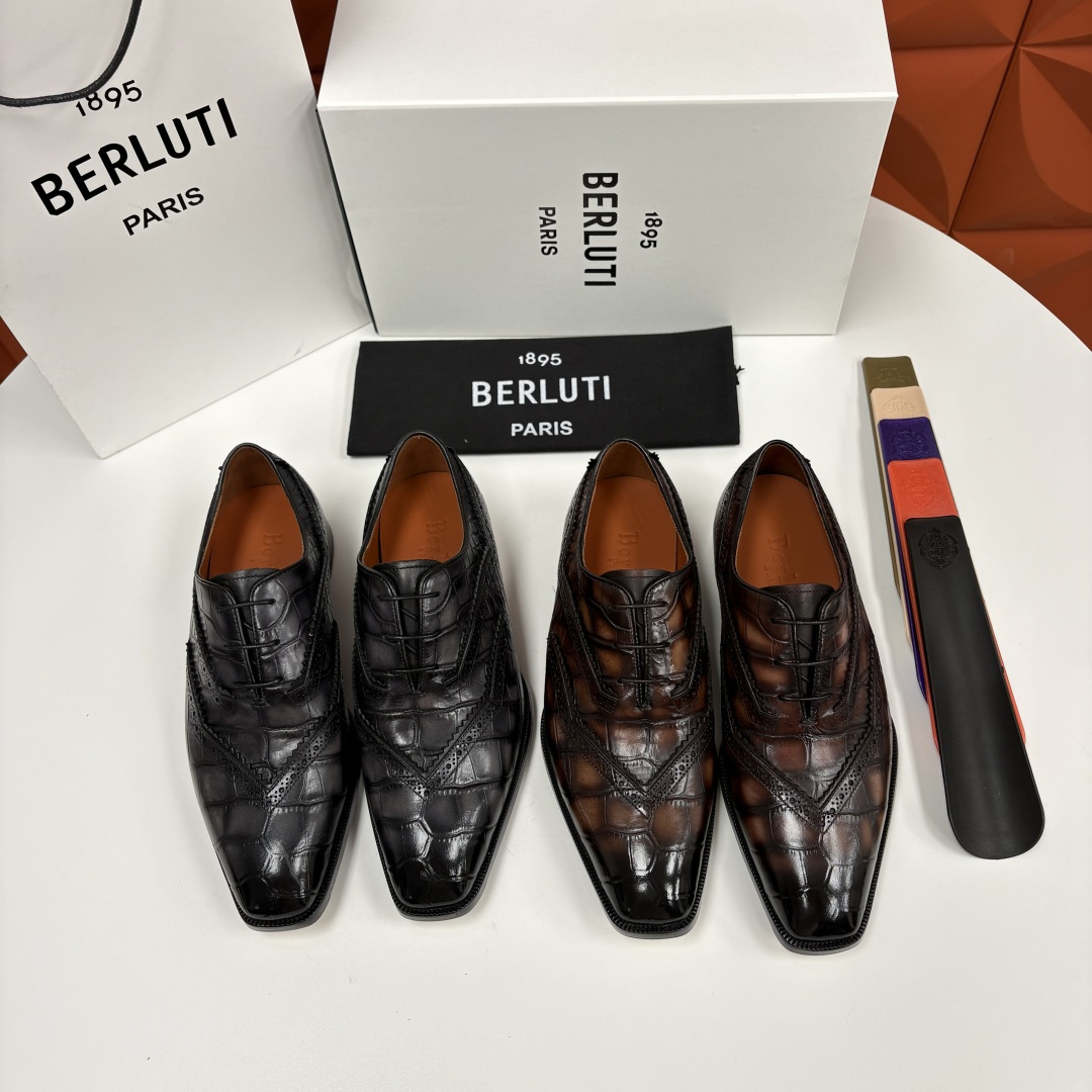 💋💍Berlut* 布鲁提 新款男士手工擦色正装皮鞋上新🆕 鳄鱼纹布洛克鞋的匠心美学 奢华与匠心的完美融