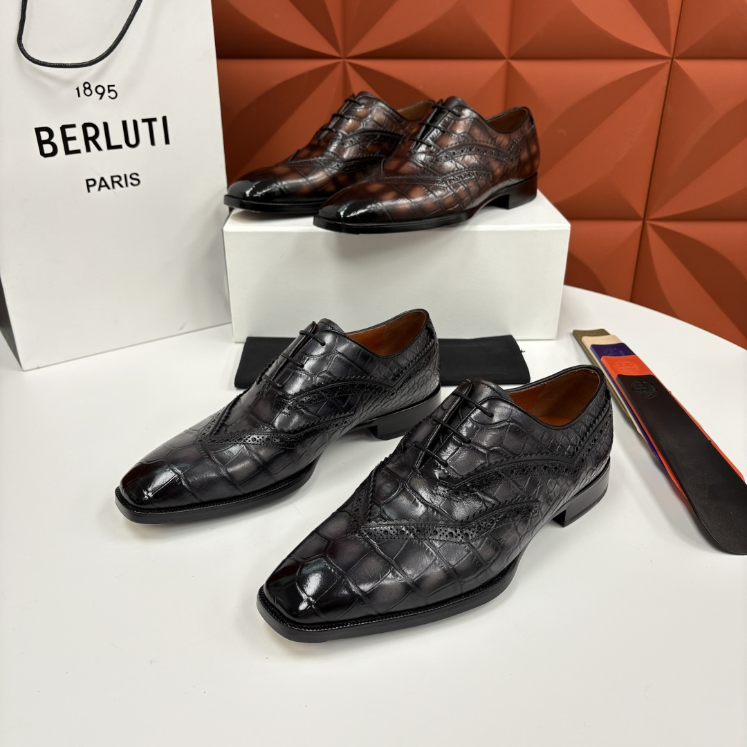 💋💍Berlut* 布鲁提 新款男士手工擦色正装皮鞋上新🆕 鳄鱼纹布洛克鞋的匠心美学 奢华与匠心的完美融