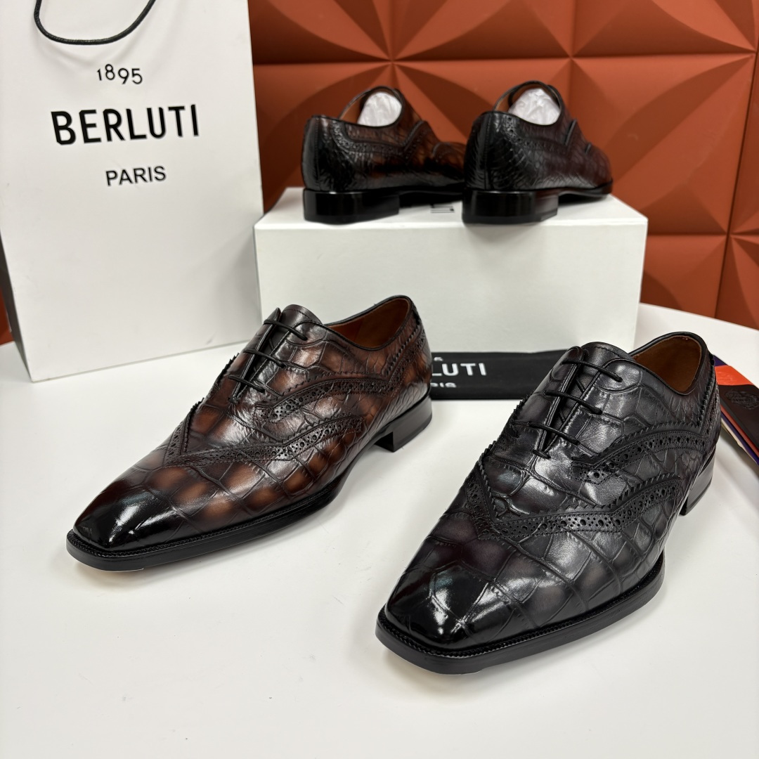 💋💍Berlut* 布鲁提 新款男士手工擦色正装皮鞋上新🆕 鳄鱼纹布洛克鞋的匠心美学 奢华与匠心的完美融