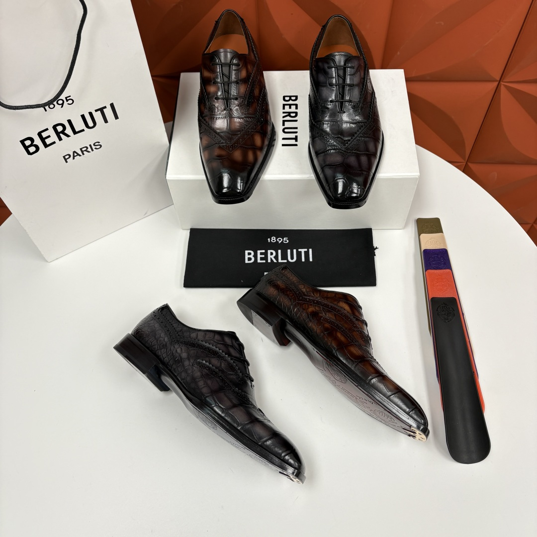 💋💍Berlut* 布鲁提 新款男士手工擦色正装皮鞋上新🆕 鳄鱼纹布洛克鞋的匠心美学 奢华与匠心的完美融