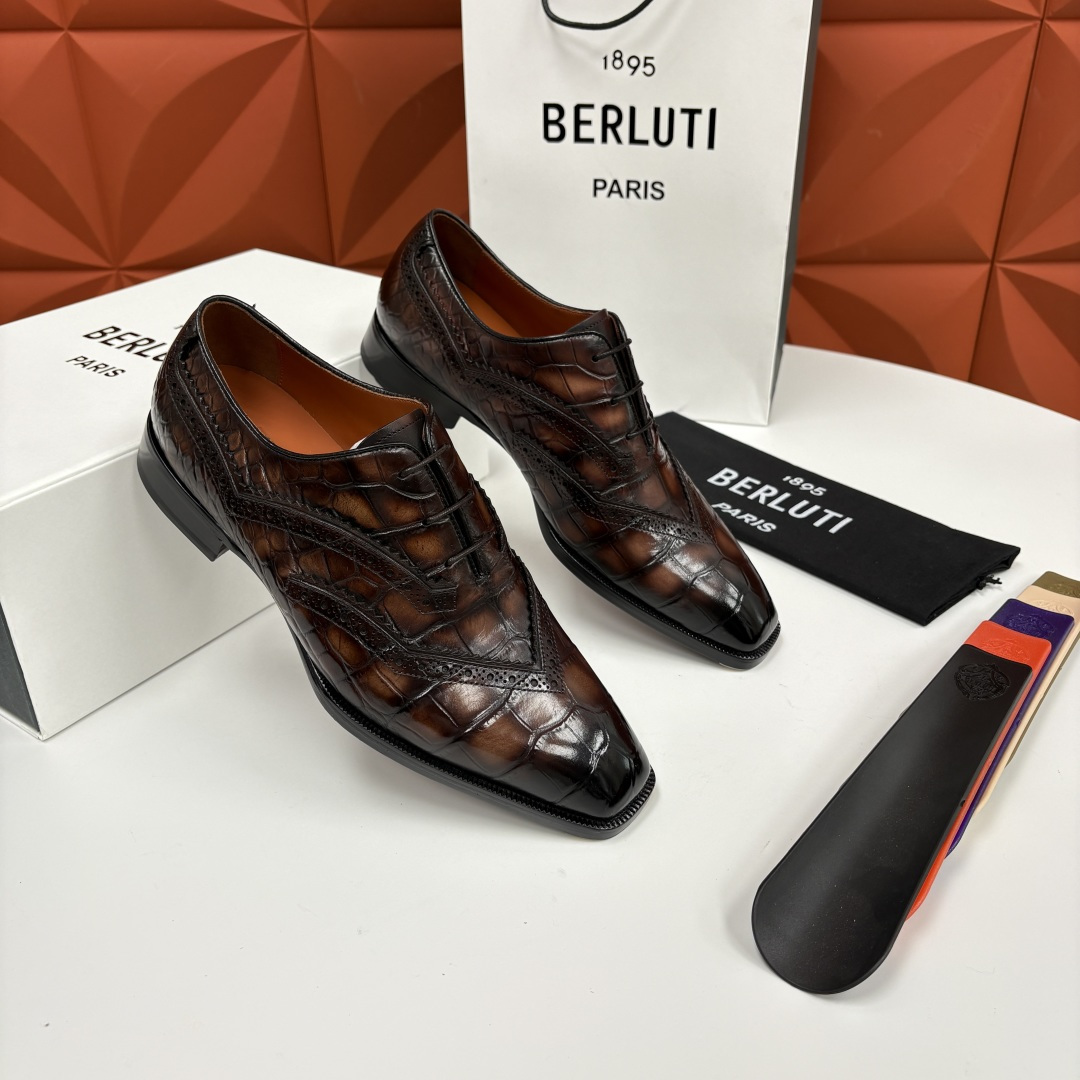 💋💍Berlut* 布鲁提 新款男士手工擦色正装皮鞋上新🆕 鳄鱼纹布洛克鞋的匠心美学 奢华与匠心的完美融