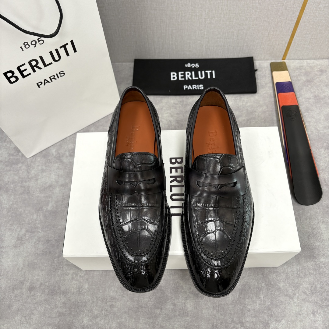 💋💍Berlut* 布鲁提 新款男士手工擦色正装乐福鞋皮鞋上新🆕 百年匠艺的「无鞋带」奢华宣言 鳄鱼纹皮