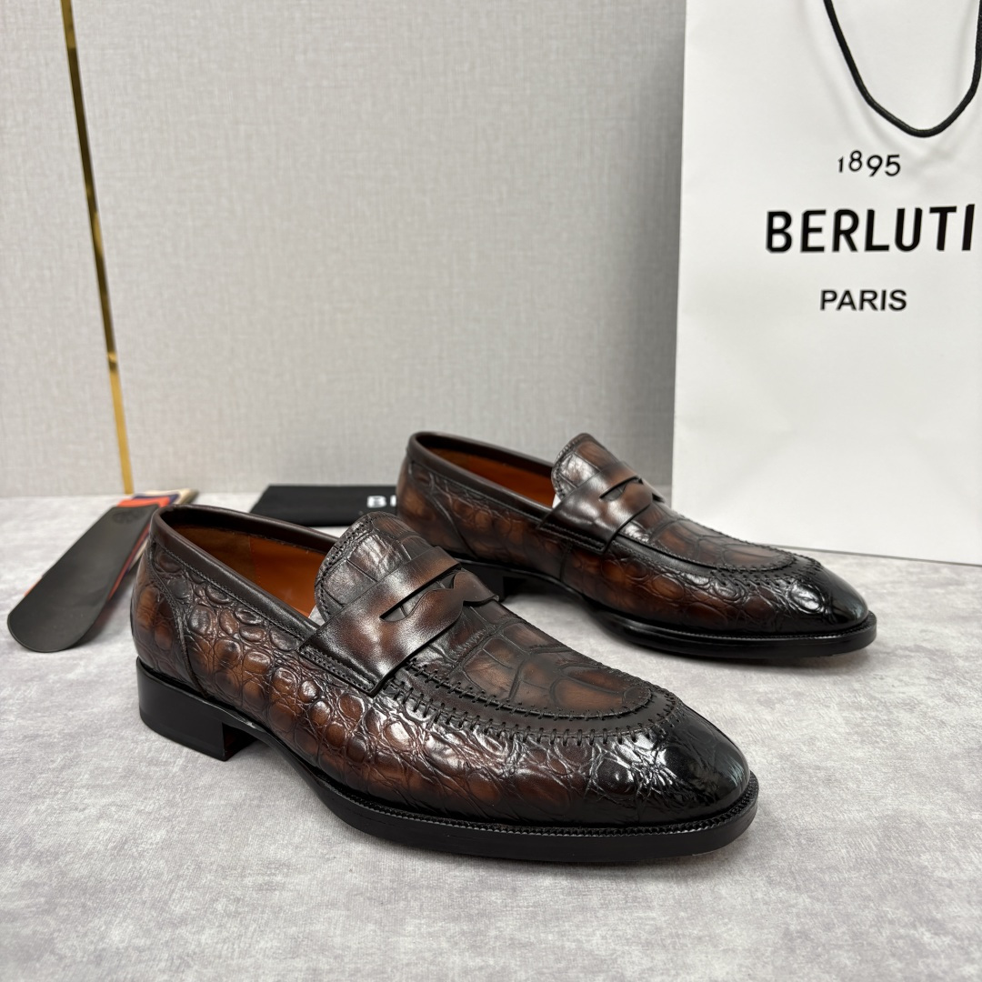 💋💍Berlut* 布鲁提 新款男士手工擦色正装乐福鞋皮鞋上新🆕 百年匠艺的「无鞋带」奢华宣言 鳄鱼纹皮