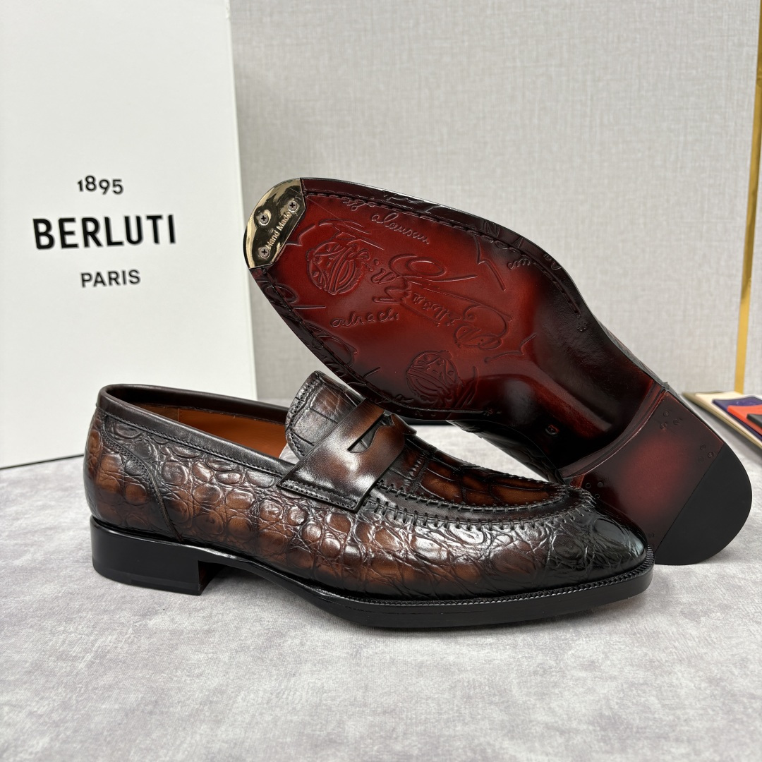 💋💍Berlut* 布鲁提 新款男士手工擦色正装乐福鞋皮鞋上新🆕 百年匠艺的「无鞋带」奢华宣言 鳄鱼纹皮