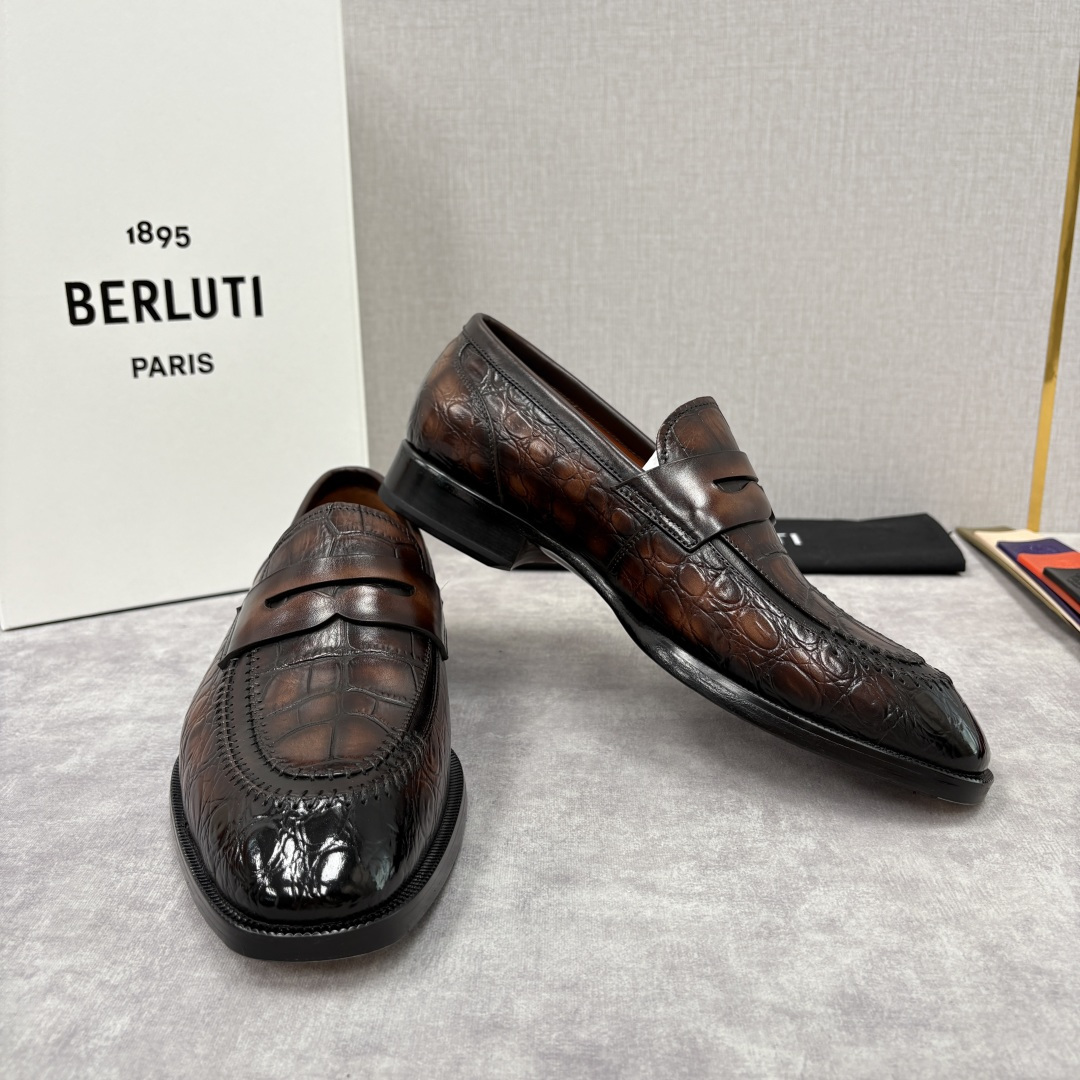 💋💍Berlut* 布鲁提 新款男士手工擦色正装乐福鞋皮鞋上新🆕 百年匠艺的「无鞋带」奢华宣言 鳄鱼纹皮