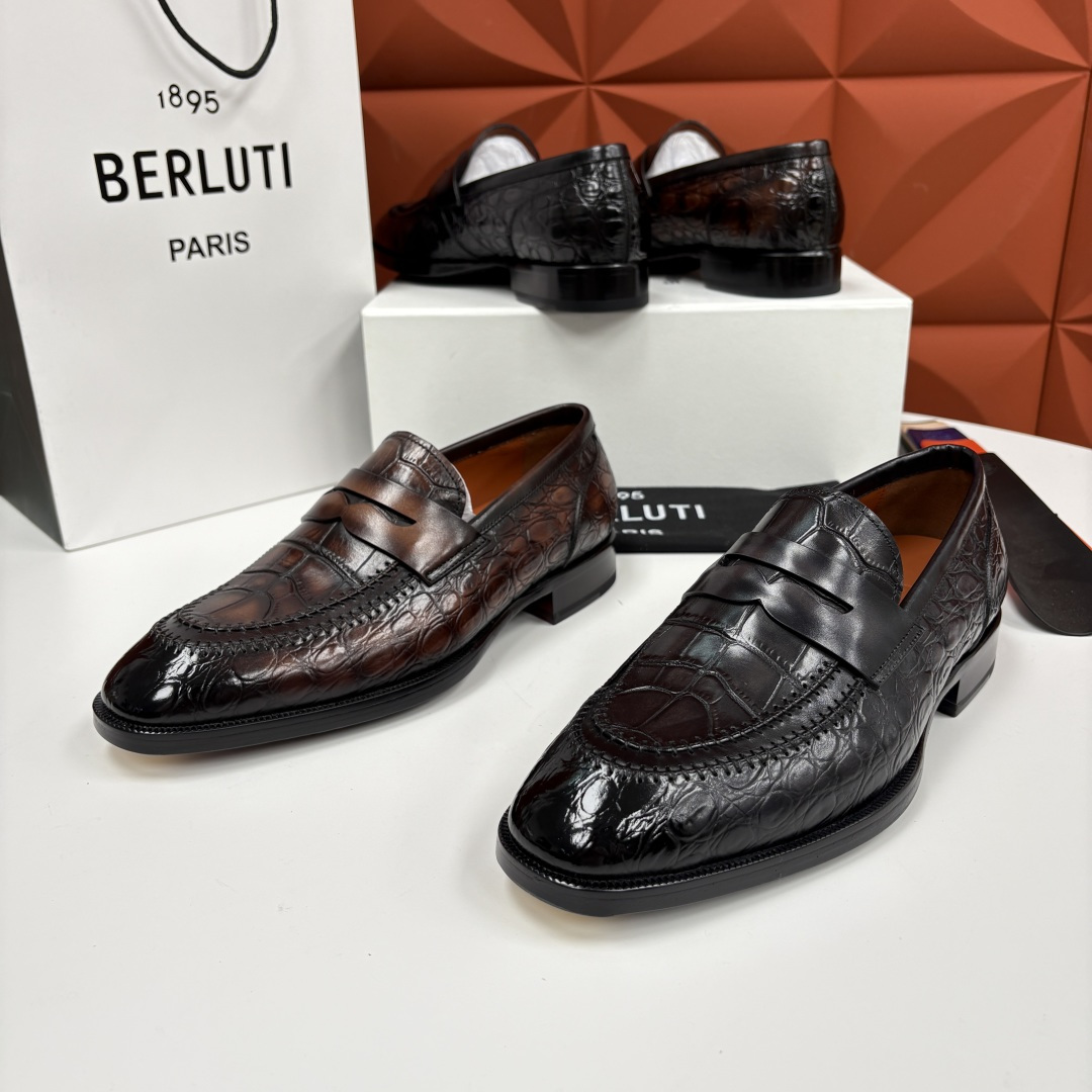 💋💍Berlut* 布鲁提 新款男士手工擦色正装乐福鞋皮鞋上新🆕 百年匠艺的「无鞋带」奢华宣言 鳄鱼纹皮