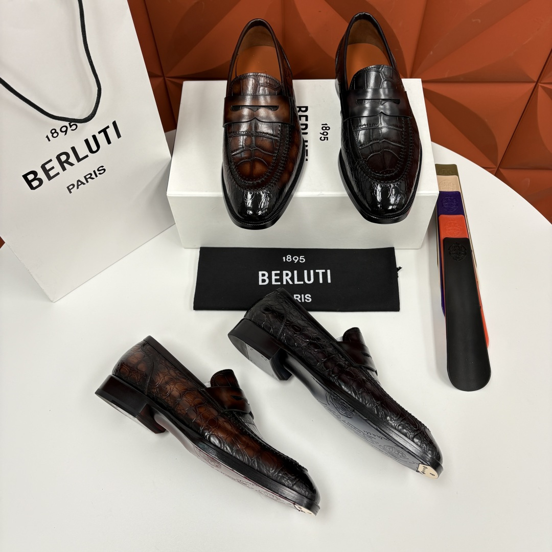 💋💍Berlut* 布鲁提 新款男士手工擦色正装乐福鞋皮鞋上新🆕 百年匠艺的「无鞋带」奢华宣言 鳄鱼纹皮