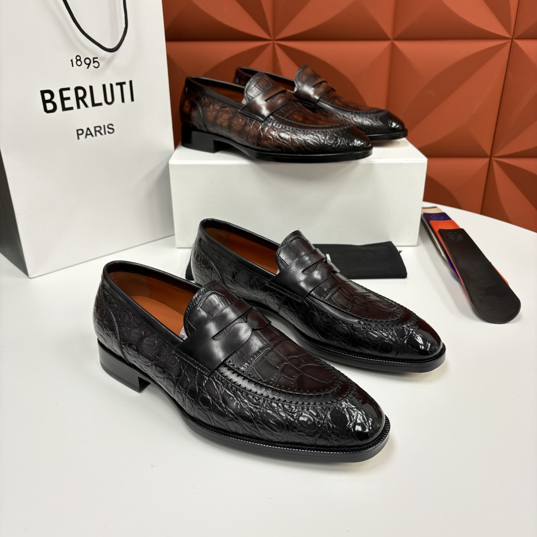 💋💍Berlut* 布鲁提 新款男士手工擦色正装乐福鞋皮鞋上新🆕 百年匠艺的「无鞋带」奢华宣言 鳄鱼纹皮