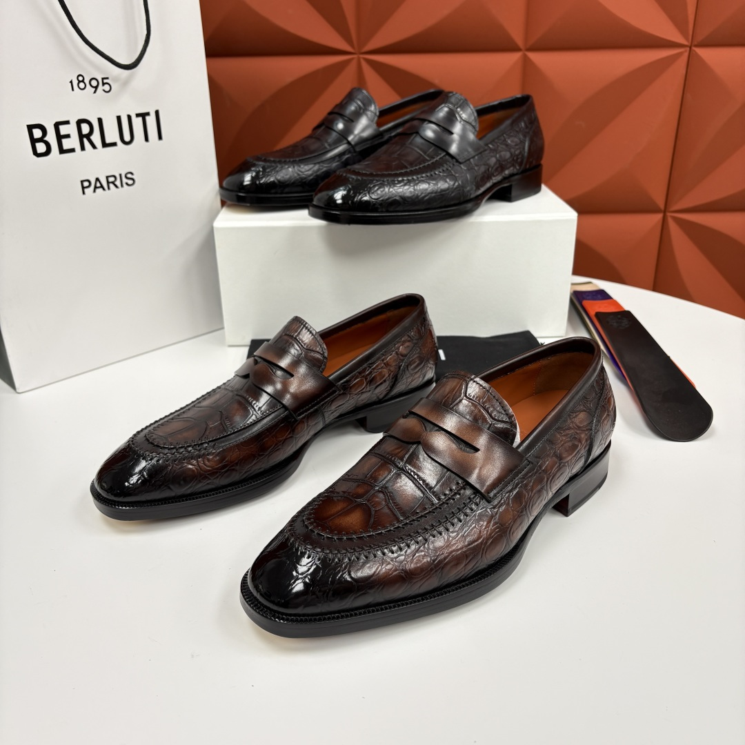 💋💍Berlut* 布鲁提 新款男士手工擦色正装乐福鞋皮鞋上新🆕 百年匠艺的「无鞋带」奢华宣言 鳄鱼纹皮