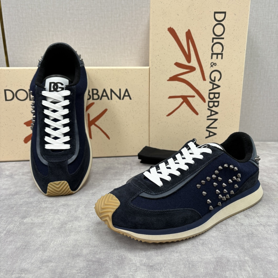 💋💍DG 家新品 Dolce &Gabban* 杜嘉～班纳 天鹅绒拼接撞色铆钉休闲运动鞋 铆钉复古运动鞋