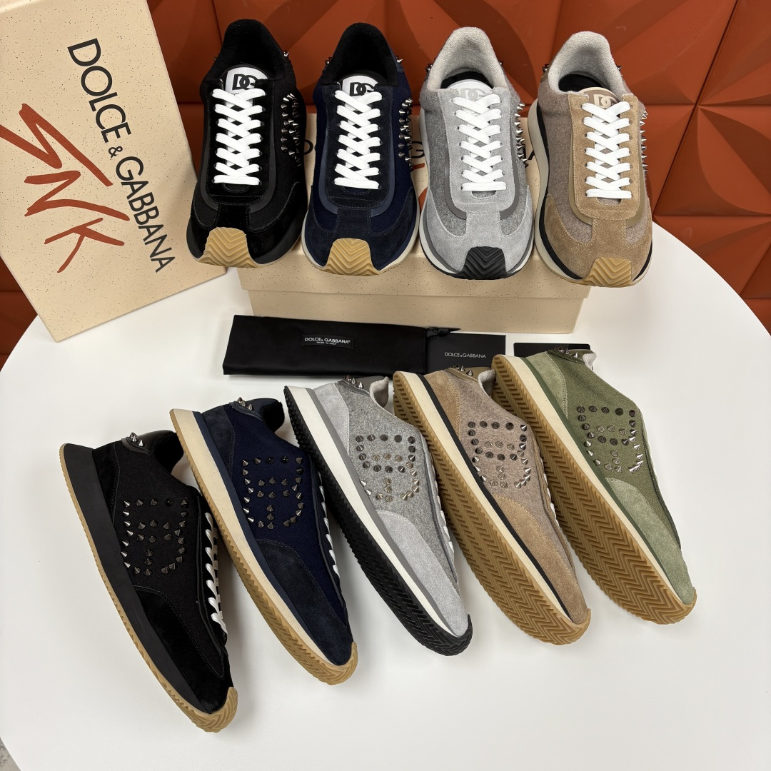 💋💍DG 家新品 Dolce &Gabban* 杜嘉～班纳 天鹅绒拼接撞色铆钉休闲运动鞋 铆钉复古运动鞋