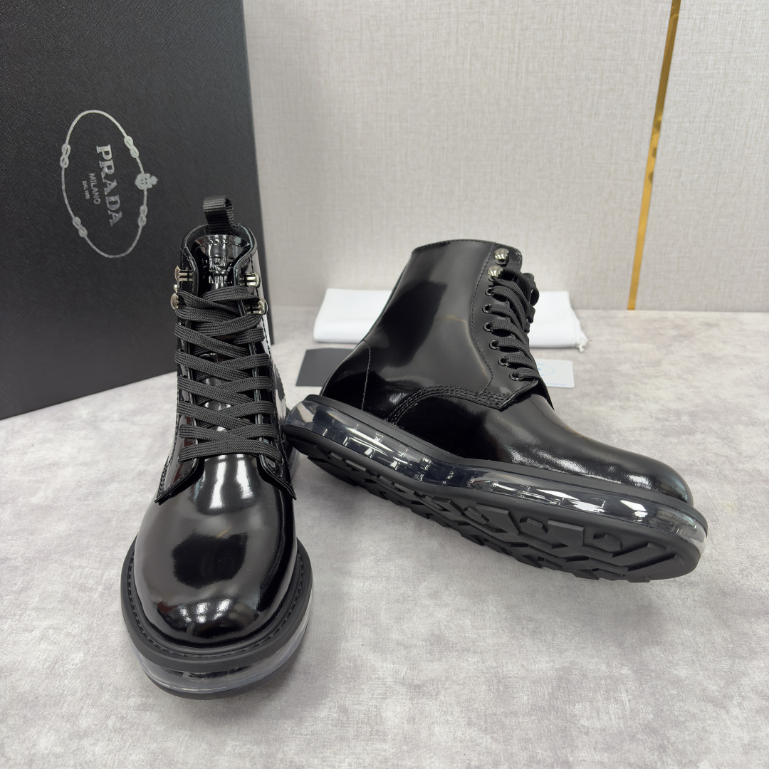 💋💍P家新品 Prad* 普拉-达 纯原皮革气垫高帮靴 男士气垫鞋皮靴 采用进口 Napa 牛皮/开边珠