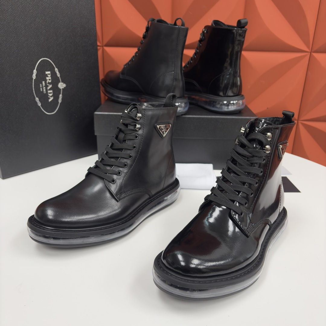 💋💍P家新品 Prad* 普拉-达 纯原皮革气垫高帮靴 男士气垫鞋皮靴 采用进口 Napa 牛皮/开边珠