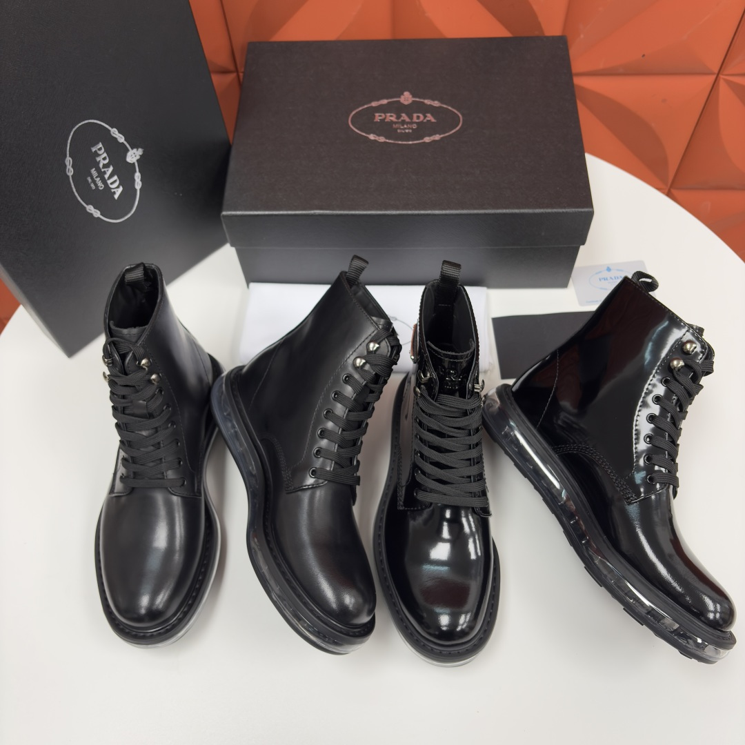 💋💍P家新品 Prad* 普拉-达 纯原皮革气垫高帮靴 男士气垫鞋皮靴 采用进口 Napa 牛皮/开边珠