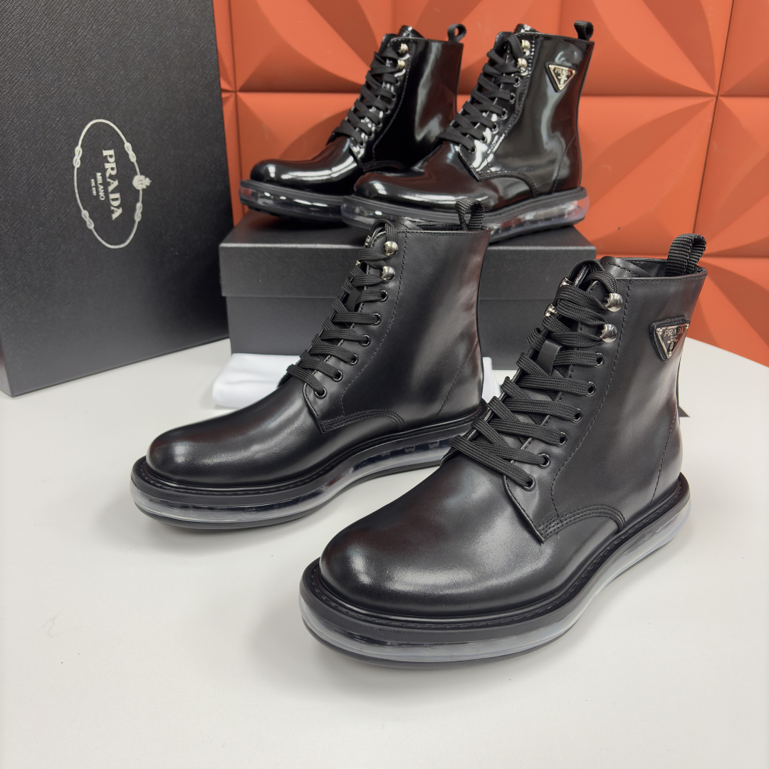 💋💍P家新品 Prad* 普拉-达 纯原皮革气垫高帮靴 男士气垫鞋皮靴 采用进口 Napa 牛皮/开边珠