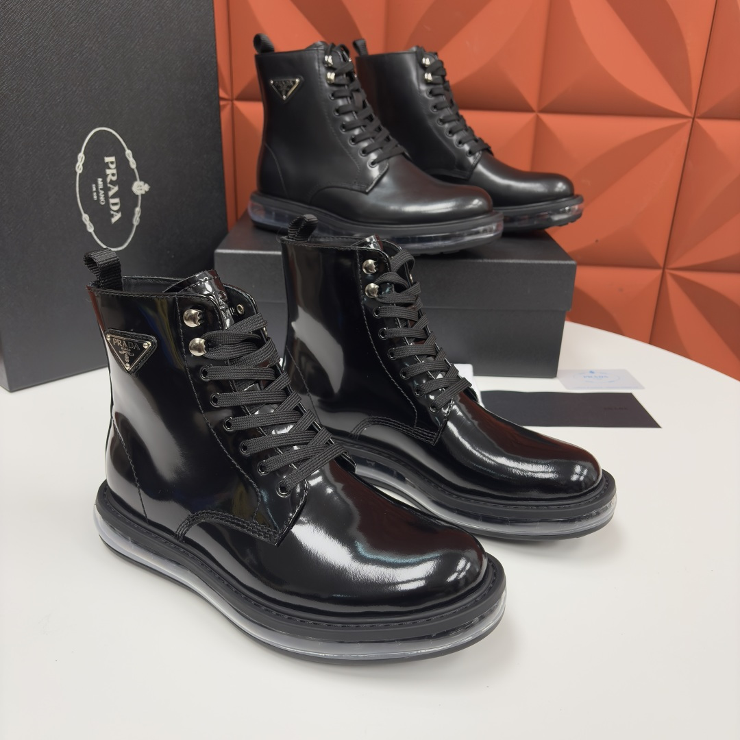 💋💍P家新品 Prad* 普拉-达 纯原皮革气垫高帮靴 男士气垫鞋皮靴 采用进口 Napa 牛皮/开边珠