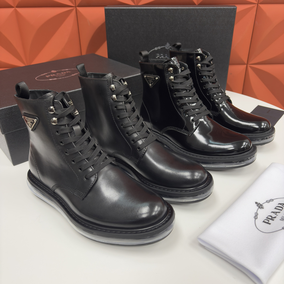 💋💍P家新品 Prad* 普拉-达 纯原皮革气垫高帮靴 男士气垫鞋皮靴 采用进口 Napa 牛皮/开边珠