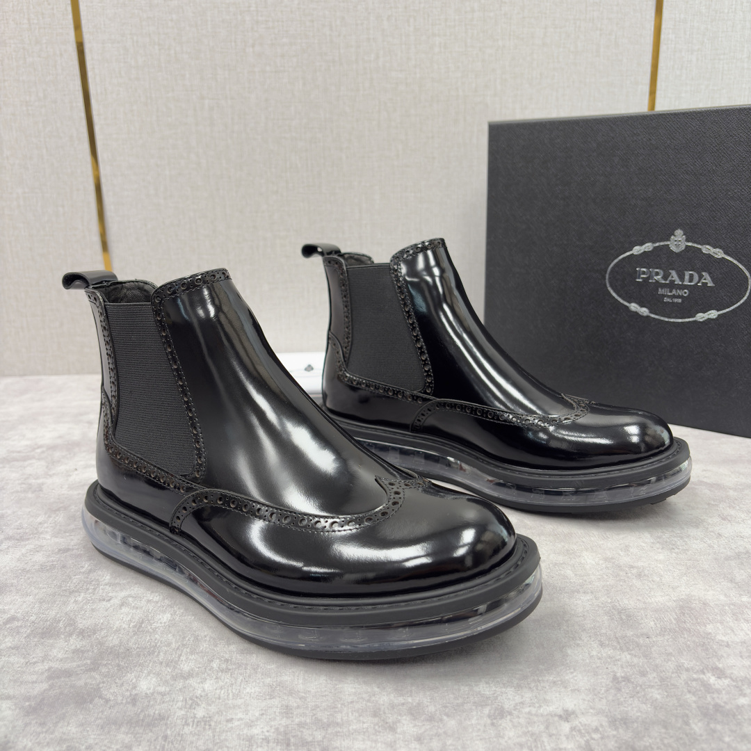 💋💍P家新品 Prad* 普拉-达 纯原皮革气垫布洛克切尔西靴 男士气垫鞋皮靴 采用进口 Napa 牛皮