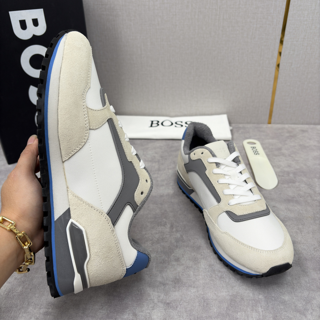 💋💍BOSS 男士新款 复古休闲拼接运动鞋跑鞋上新 HUGO BOS* 家这双织物运动鞋组合制成，真的把