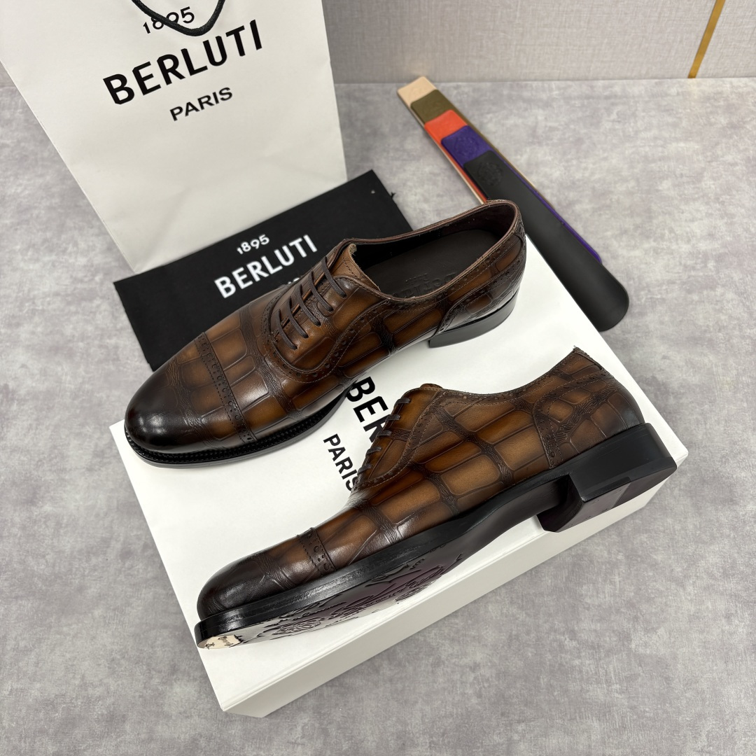 💋💍Berlut* 布鲁提 新款男士手工擦色正装皮鞋上新🆕 鳄鱼纹布洛克牛津鞋的商务与格调的极致融合。甄