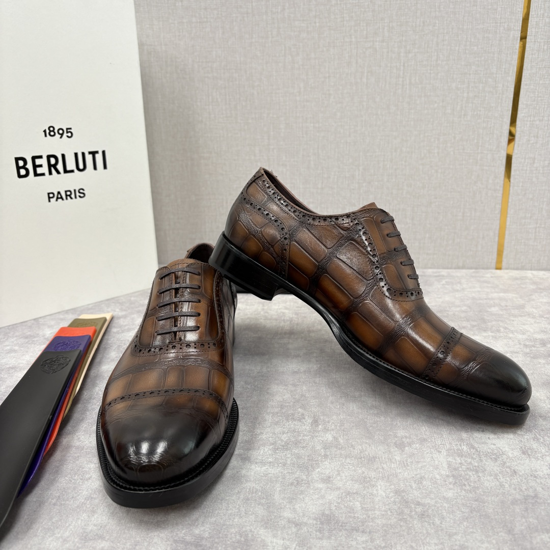💋💍Berlut* 布鲁提 新款男士手工擦色正装皮鞋上新🆕 鳄鱼纹布洛克牛津鞋的商务与格调的极致融合。甄