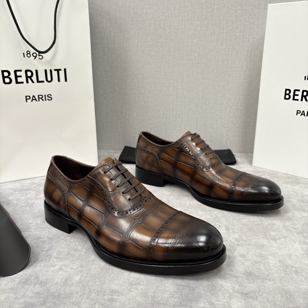 💋💍Berlut* 布鲁提 新款男士手工擦色正装皮鞋上新🆕 鳄鱼纹布洛克牛津鞋的商务与格调的极致融合。甄