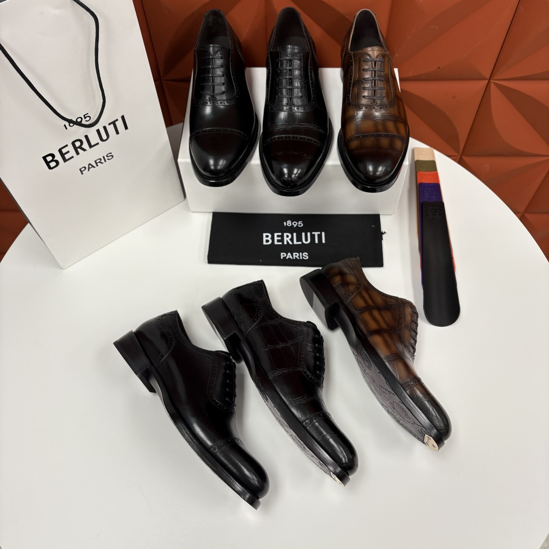 💋💍Berlut* 布鲁提 新款男士手工擦色正装皮鞋上新🆕 鳄鱼纹布洛克牛津鞋的商务与格调的极致融合。甄
