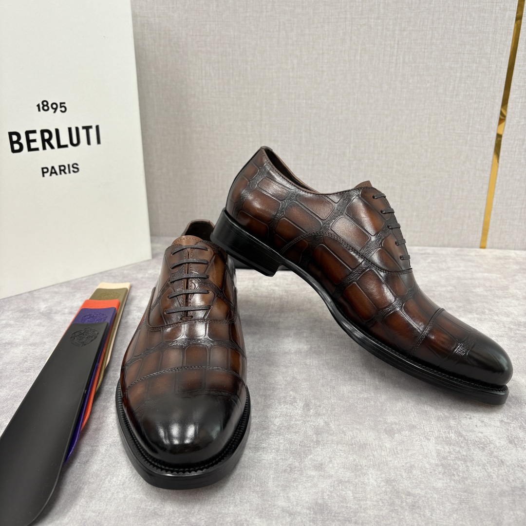 💋💍Berlut* 布鲁提 新款男士手工擦色正装皮鞋上新🆕 鳄鱼纹牛津鞋的商务与格调的极致融合。甄选优质